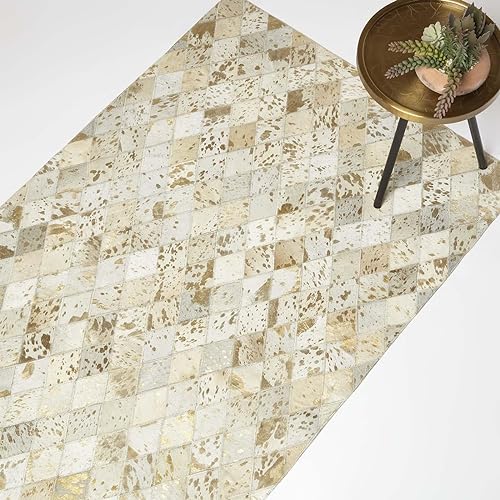 Homescapes Fellteppich Gold-gesprenkelt 90x150 cm, Patchwork-Teppich mit Rautenmuster, Lederteppich Creme-beige-grau von Homescapes