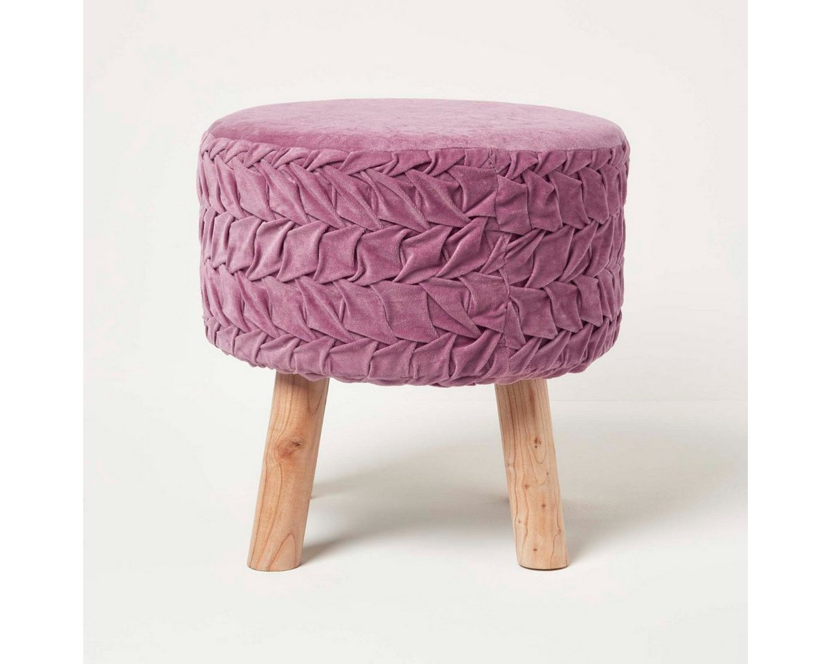 Homescapes Fußhocker Plissee-Samthocker Lyla rund mit Holzbeinen – mauve, 40 cm hoch von Homescapes