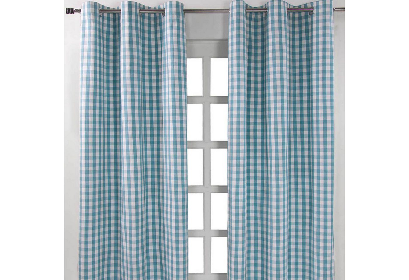 Homescapes Gardine Blau karierter Ösenvorhang im 2er Pack, B 137 cm x L 117 cm von Homescapes