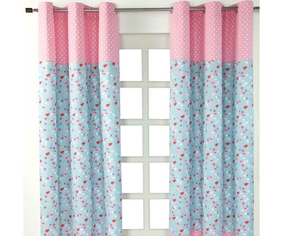 Homescapes Gardine Gardinen Vögel & Blumen rosa blau 2er Set 137 x 117 cm von Homescapes