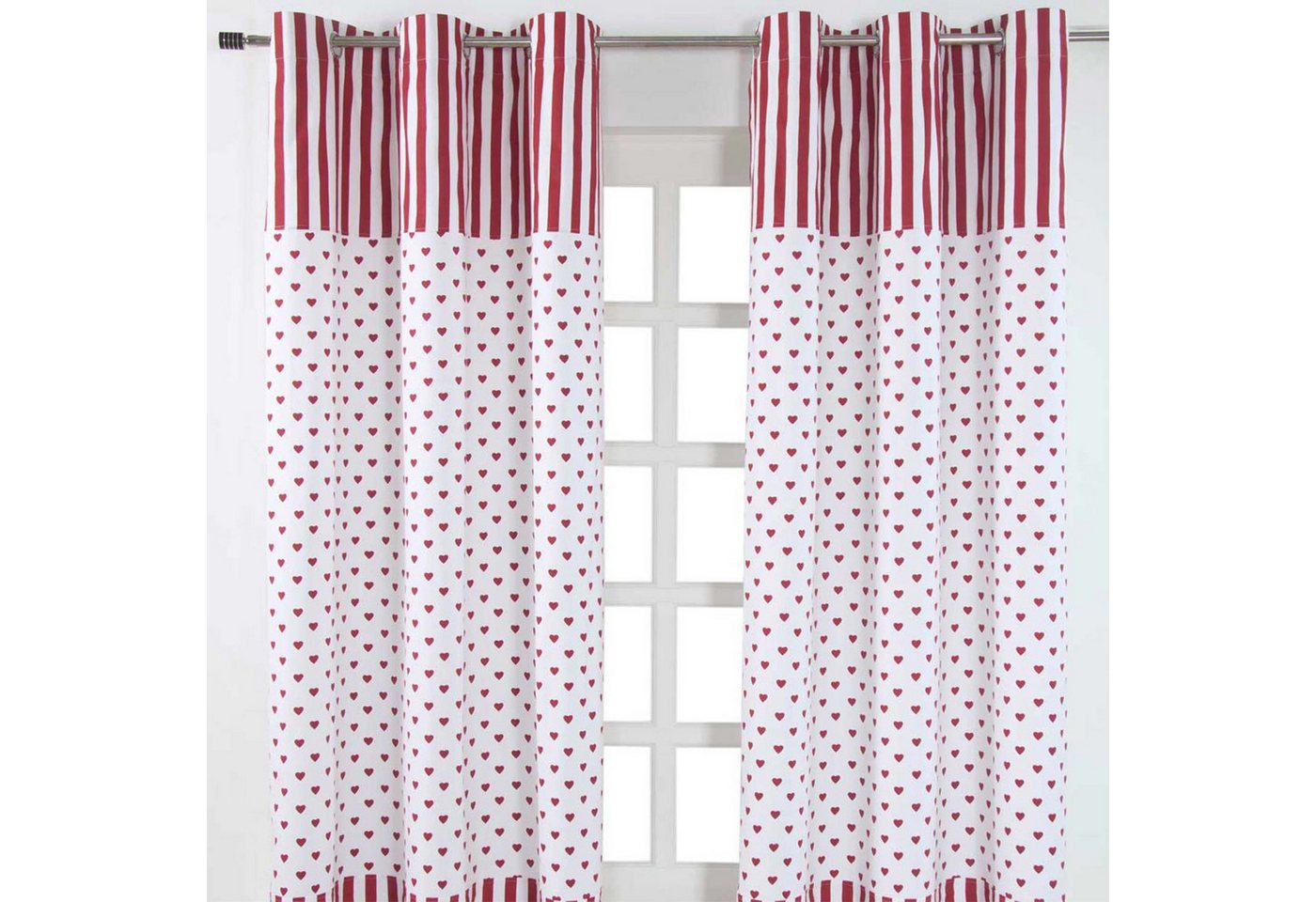 Homescapes Gardine Gardinen mit Ösen Herzen rot weiss 2er Set 100% Baumwolle, 137x117 cm von Homescapes