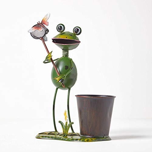 Homescapes Garten Deko Frosch Figur mit Schmetterlingsnetz, Gartenfigur aus Eisen, handbemalt, Dekofigur Froschkönig mit Blumentopf, Tierfiguren für Garten und Balkon, grün ca. 31 cm hoch von Homescapes