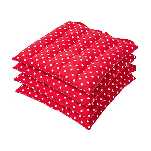 Homescapes Gepunktete Stuhlkissen im 4er Set, Sitzkissen 40 x 40 cm, rot, mit Bändern und Knopfverschluss, Bezug aus 100% Baumwolle, Polyester-Füllung, Polka Dots-Muster von Homescapes