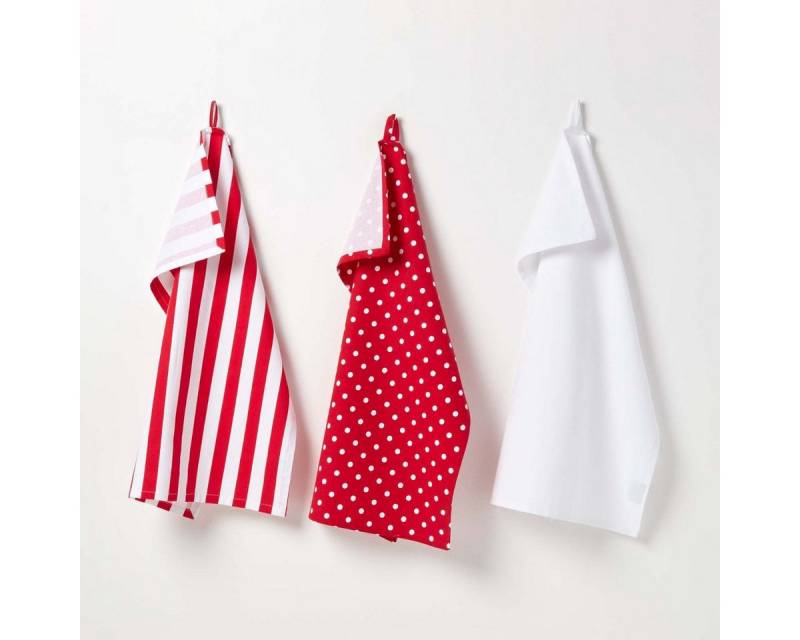 Homescapes Geschirrtuch 3er-Set Geschirrtücher – Polka Dots rot-weiß aus 100% Baumwolle von Homescapes