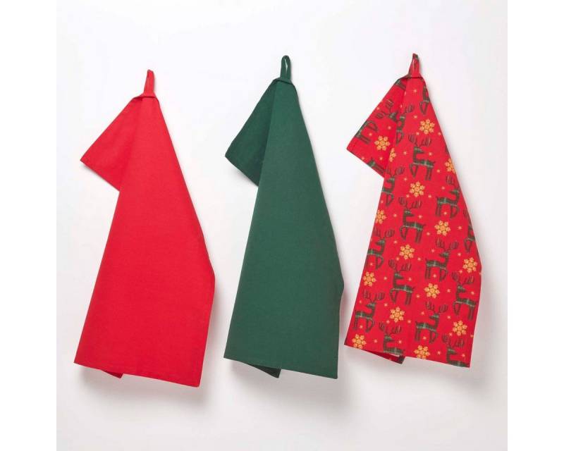 Homescapes Geschirrtuch Weihnachtsgeschirrtücher Rentier, rot, 3er-Set von Homescapes