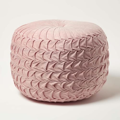 Homescapes Grace Plissee-Hocker geflochten Altrosa 50x35 cm, Samt-Pouf rosa, Sitzpouf rund mit Sitzsack-Füllung von Homescapes