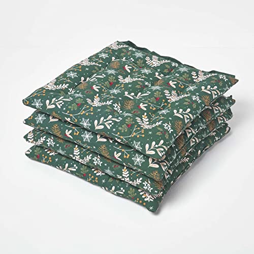 Homescapes Grünes Sitzkissen 4er Set weihnachtliche Stechpalme Esszimmerstuhlkissen mit Riemen 100% Baumwolle 40 x 40 cm von Homescapes