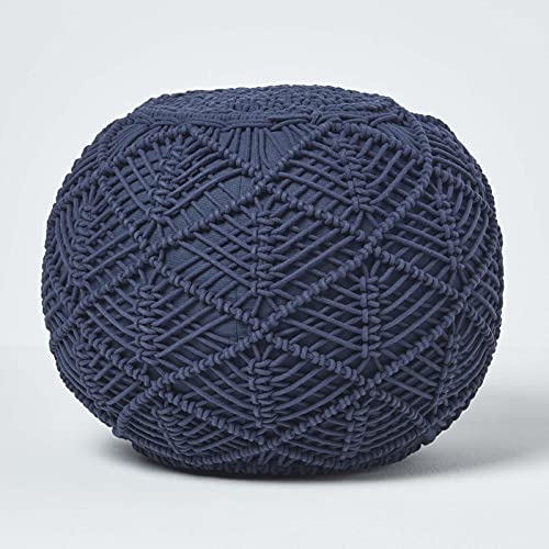 Homescapes Häkel-Pouf, dunkelblau, flaches Bodenkissen 40 x 50 cm in Boho Style, bequemer Fußhocker in Makramee-Optik, gehäkelter Puff aus 100% Baumwolle, Häkelpuff/Strickhocker,blau von Homescapes