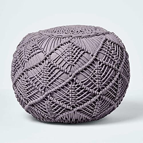 Homescapes Häkel-Pouf, grau, rundes Bodenkissen 35 x 40 cm in Boho Style, dekorativer Fußhocker in Makramee-Optik, gehäkelter Puff aus 100% Baumwolle, Häkelpuff/Strickhocker von Homescapes