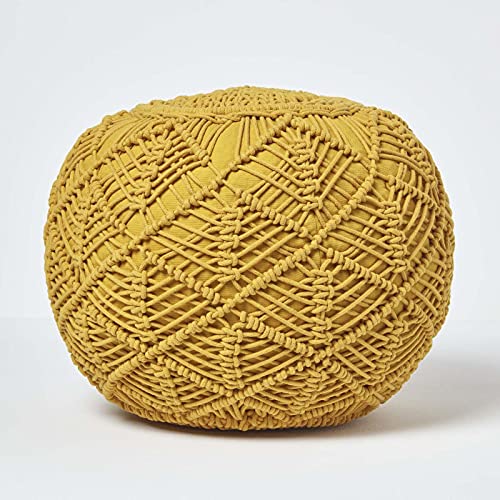 Homescapes Häkel-Pouf, senfgelb, flaches Bodenkissen 40 x 50 cm in Boho Style, bequemer Fußhocker in Makramee-Optik, gehäkelter Puff aus 100% Baumwolle, Häkelpuff/Strickhocker von Homescapes