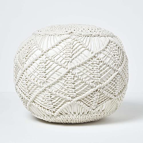 Homescapes Häkel-Pouf, Natur, rundes Bodenkissen 35 x 40 cm in Boho Style, dekorativer Fußhocker in Makramee-Optik, gehäkelter Puff aus 100% Baumwolle, Häkelpuff/Strickhocker von Homescapes