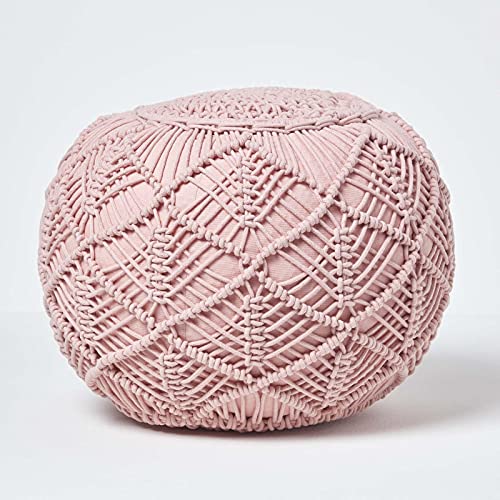 Homescapes Häkel-Pouf, rosa, flaches Bodenkissen 40 x 50 cm in Boho Style, bequemer Fußhocker in Makramee-Optik, gehäkelter Puff aus 100% Baumwolle, Häkelpuff/Strickhocker, Hellrosa von Homescapes