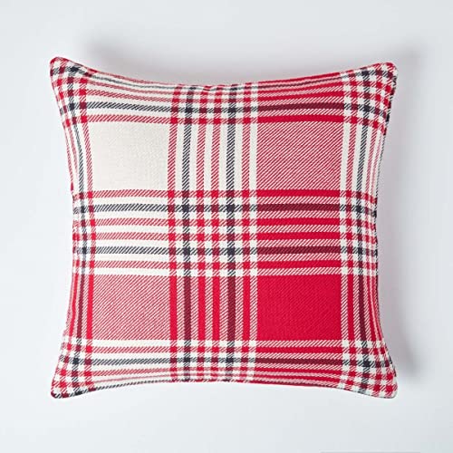 Homescapes Karierte Kissenhülle mit schottischem Tartan-Muster 45 x 45 cm, Kissenbezug für Sofakissen/Zierkissen aus 100% Baumwolle mit Reißverschluss, Schottenmuster rot-weiß von Homescapes