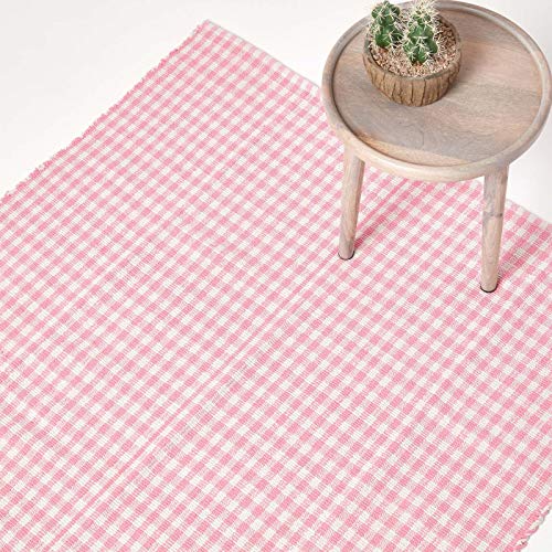 Homescapes Karierter Teppich/Bettvorleger Gingham 70 x 120 cm, waschbarer Baumwollteppich mit Karo-Muster im Landhausstil, 100% Baumwolle, rosa von Homescapes