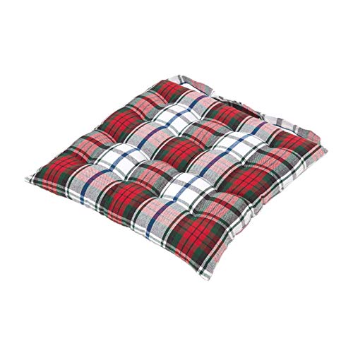 Homescapes Kariertes Stuhlkissen Macduff 40 x 40 cm, rot-weiß-grün Schottenmuster, Sitzkissen für Stühle mit Bändern und Knopfverschluss, Bezug aus 100% Baumwolle, Polyester-Füllung, Tartan-Muster von Homescapes