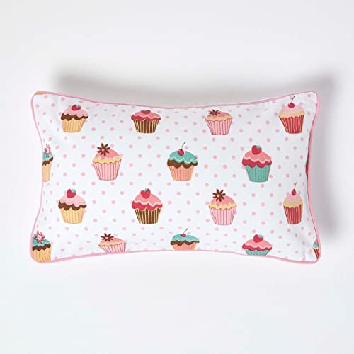 Homescapes Kissenbezug mit Cupcakes-Muster, dekorative Kissenhülle 30 x 50 cm für Zierkissen und Kinderkissen aus 100% Baumwolle mit Reißverschluss, rosa, Muffin-Aufdruck von Homescapes