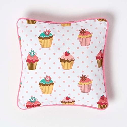 Homescapes Kissenbezug mit Cupcakes-Muster, quadratische Kissenhülle 30 x 30 cm für Zierkissen und Kinderkissen aus 100% Baumwolle mit Reißverschluss, rosa, Muffin-Aufdruck von Homescapes