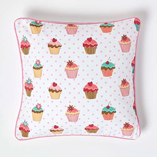 Homescapes Kissenbezug mit Cupcakes-Muster, quadratische Kissenhülle 45 x 45 cm für Zierkissen und Kinderkissen aus 100% Baumwolle mit Reißverschluss, rosa, Muffin-Aufdruck von Homescapes