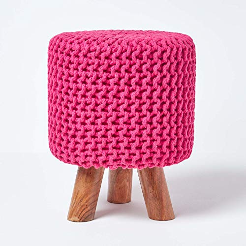 Homescapes Kleiner runder Strick Sitzhocker mit Holzbeinen, pink Fußhocker 32 x 32 x 42 cm, Strickhocker mit grob gestricktem Bezug aus 100% Baumwolle, rosa von Homescapes