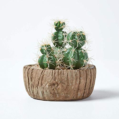 Homescapes Künstlicher Kaktus Echinocactus im Keramik Topf in Holz-Optik, kleine künstliche sukkulente Pflanze ca. 15 cm hoch, rustikale Dekoration für Büro, Fensterbank oder Tisch von Homescapes