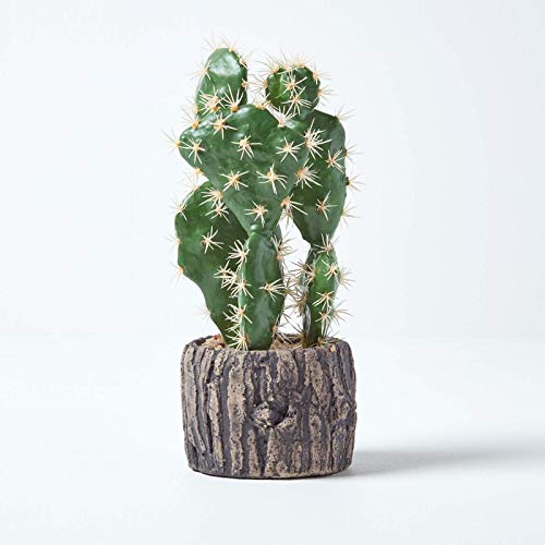 Homescapes Künstlicher Kaktus Opuntie im Keramik Topf in Holz-Optik, kleine künstliche sukkulente Pflanze ca. 26 cm hoch, rustikale Dekoration für Tisch, Büro oder Fensterbank von Homescapes