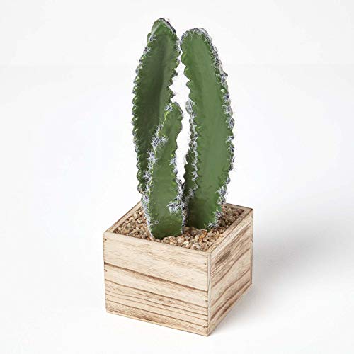 Homescapes Künstlicher Kaktus im Holz Topf, große künstliche sukkulente Pflanze ca. 33 cm hoch, Moderne Dekoration für Tisch, Büro oder Fensterbank von Homescapes