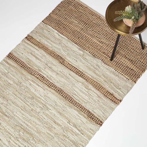 Homescapes Lederteppich braun beige gestreift 160x230 cm, Webteppich Braun-Töne aus Recycling-Leder & Jute von Homescapes