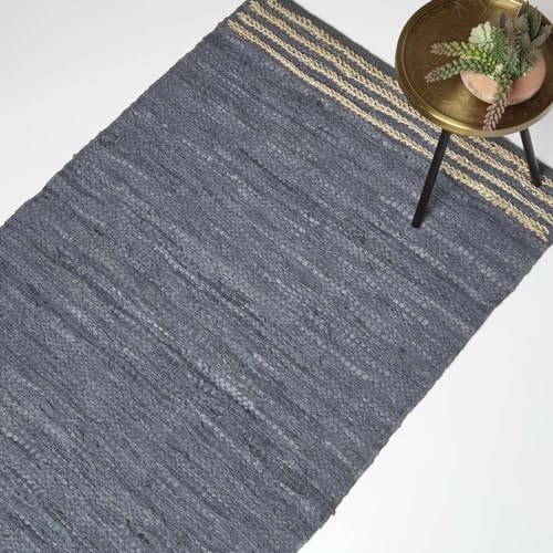 Homescapes Lederteppich grau gestreift 120x170 cm, Grauer Webteppich aus Recycling-Leder mit Jute-Streifen von Homescapes