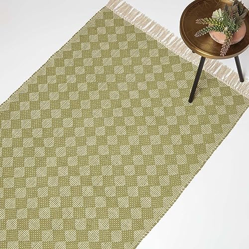 Homescapes Lima Teppich grün mit Rauten-Muster 90x150 cm, Fransen-Teppich handgewebt, Struktur-Teppich Baumwolle von Homescapes