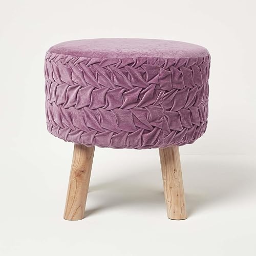 Homescapes Lyla Plissee-Hocker Mauve 41x40 cm, Samt-Hocker rund, Hocker mit Holzbeinen von Homescapes