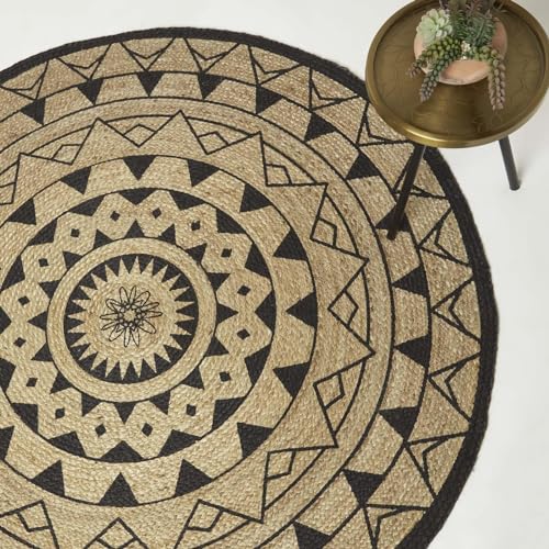 Homescapes Mandala Teppich rund 200 cm, Hanf-Teppich schwarz-Natur, runder Teppich geflochten, geometrisch Gemustert von Homescapes