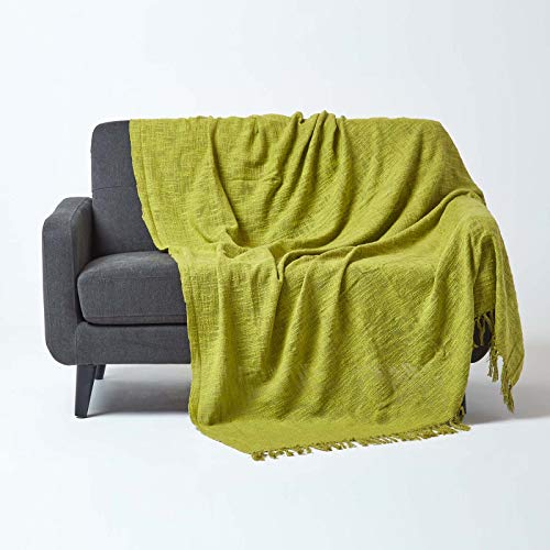 Homescapes Baumwoll-Tagesdecke Nirvana grün 150x200 cm, große Sofaüberwurf-Decke im Cotton-Slub-Design, grüner Bettüberwurf von Homescapes
