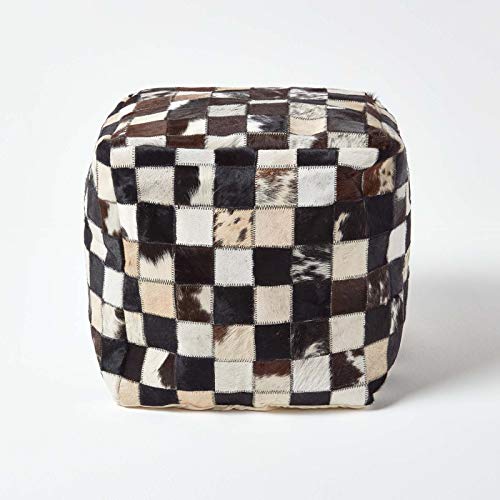 Homescapes Patchwork Designer Sitzwürfel Fußhocker Pouf braun Lederhocker Bezug mit echten Ziegenfell Flicken von Homescapes