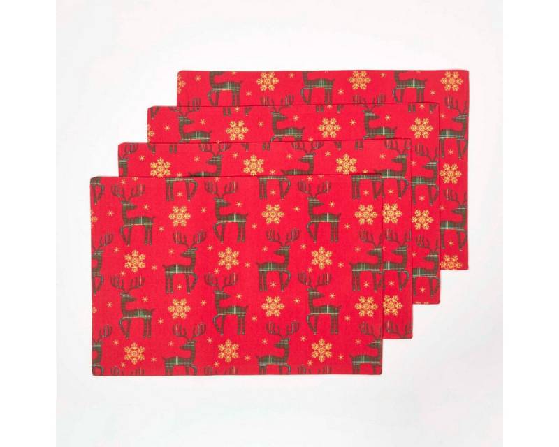 Homescapes Platzset 4 Weihnachtstischsets Rentier rot – 30 x 45 cm, 100% Baumwolle von Homescapes