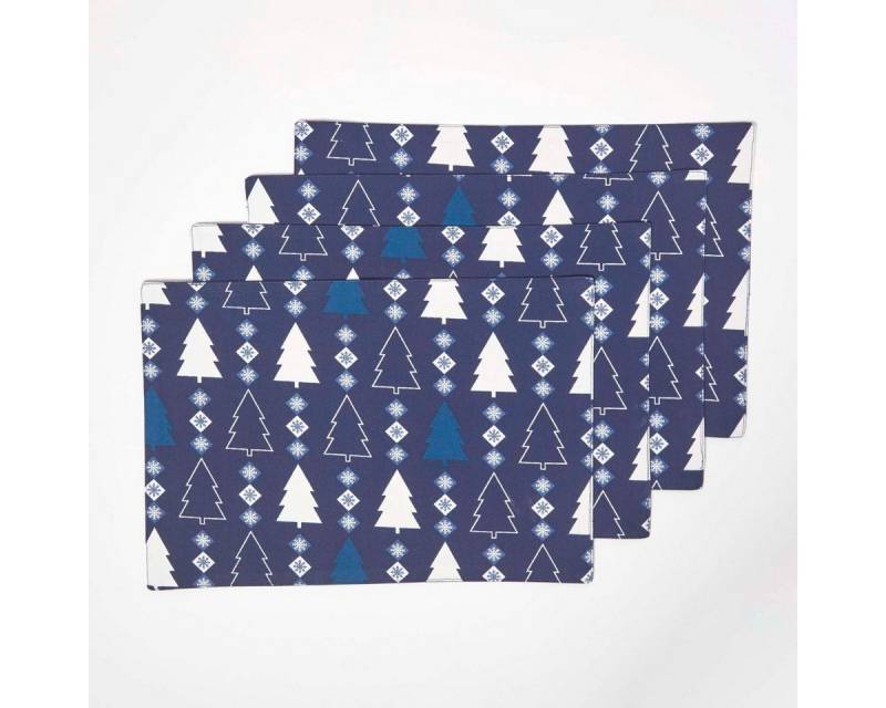 Homescapes Platzset 4 Weihnachtstischsets Winterland blau – 30 x 45 cm, 100% Baumwolle von Homescapes