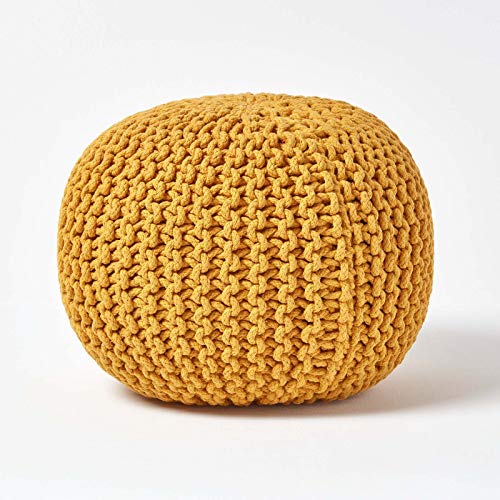 Homescapes Pouf Strickpouf rundes Bodenkissen, Sitzpouf 35 x 40 cm, gepolsterter Sitzhocker, Sitzpuff/Puff mit grob gestricktem Bezug aus 100% Baumwolle, Strickpuff, Senf von Homescapes