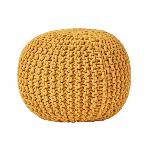 Homescapes Pouf Strickpouf rundes Bodenkissen, Sitzpouf 35 x 40 cm, gepolsterter Sitzhocker, Sitzpuff/Puff mit grob gestricktem Bezug aus 100% Baumwolle, Strickpuff, Senf von Homescapes