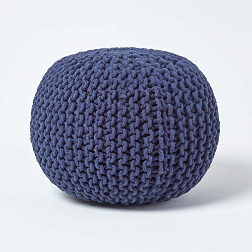 Homescapes Pouf Strickpouf rundes Bodenkissen, Sitzpouf 35 x 40 cm, gepolsterter Sitzhocker, Sitzpuff/Puff mit grob gestricktem Bezug aus 100% Baumwolle, Strickpuff, blau/Marineblau von Homescapes