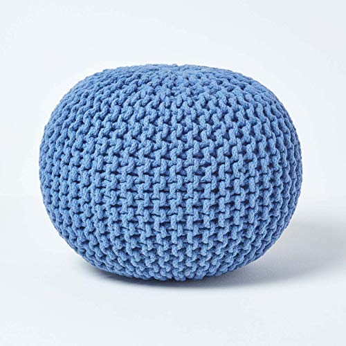 Homescapes Pouf Strickpouf rundes Bodenkissen, Sitzpouf 35 x 40 cm, gepolsterter Sitzhocker, Sitzpuff/Puff mit grob gestricktem Bezug aus 100% Baumwolle, Strickpuff, blau von Homescapes