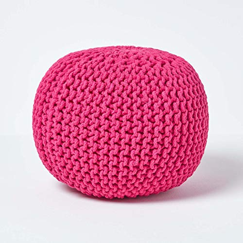 Homescapes Pouf Strickpouf rundes Bodenkissen, Sitzpouf 35 x 40 cm, gepolsterter Sitzhocker, Sitzpuff/Puff mit grob gestricktem Bezug aus 100% Baumwolle, Strickpuff, rosa von Homescapes