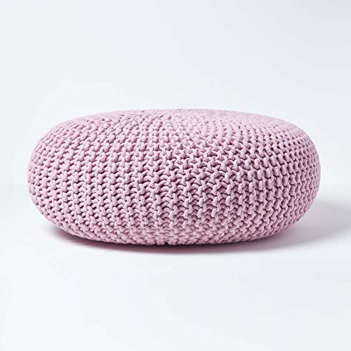 Homescapes Pouf Strickpouf rundes Bodenkissen, Sitzpouf 70 x 23 cm, gepolsterter Sitzhocker, Sitzpuff/Puff mit grob gestricktem Bezug aus 100% Baumwolle, Strickpuff, rosa/Hellrosa von Homescapes