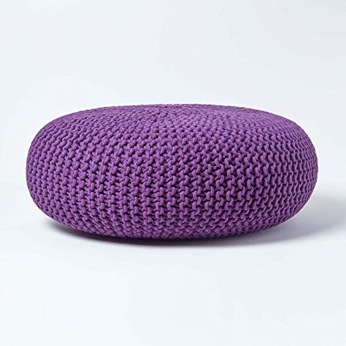 Homescapes Pouf Strickpouf rundes Bodenkissen, Sitzpouf 70 x 23 cm, gepolsterter Sitzhocker, Sitzpuff/Puff mit grob gestricktem Bezug aus 100% Baumwolle, Strickpuff, violett/lila von Homescapes