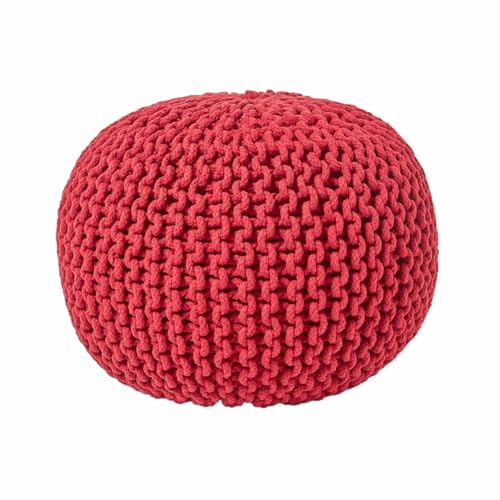 Homescapes Pouf Strickpouf rundes Bodenkissen Sitzpouf 35 x 40 cm, gepolsterter Sitzhocker, Sitzpuff/Puff mit grob gestricktem Bezug aus 100% Baumwolle, Strickpuff, rot von Homescapes