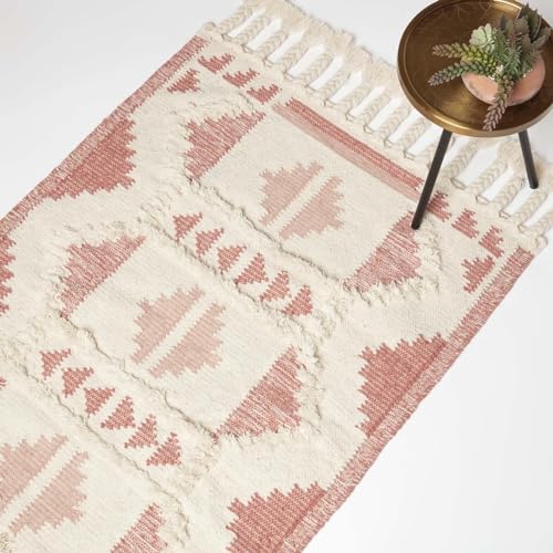 Homescapes Satara Kelim Teppich rosa 90x150 cm, Fransen-Teppich handgewebt, Quasten-Teppich Wolle von Homescapes