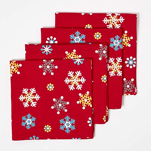 Homescapes Servietten 4er Set, Festliche Stoffservietten 45 x 45 cm mit Schneeflocken-Motiv, 100% Baumwolle, Weihnachts-Servietten, rot-Gold von Homescapes