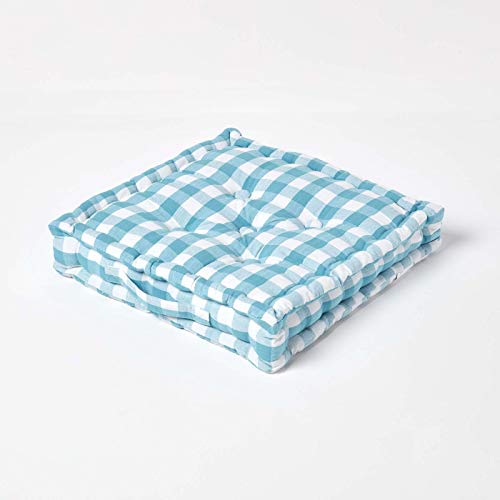 Homescapes Sitzkissen 50 x 50 cm, blau-weiß Kariertes Bodenkissen Gingham, extra Dickes Stuhlkissen mit Karo-Muster, Sitzpolster aus 100% Baumwolle mit Polyester-Füllung, Sitzerhöhung, 10 cm hoch von Homescapes