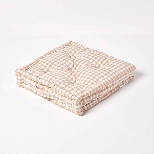 Homescapes Sitzkissen beige weiß kariert 50 x 50 cm Gingham Karo mit Tragegriff Bezug 100% Baumwolle mit Polyester Füllung Sitzerhöhung Stuhlkissen von Homescapes