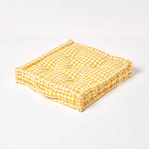 Homescapes Sitzkissen gelb weiß kariert 40 x 40 cm Gingham Karo mit Tragegriff Bezug 100% Baumwolle mit Polyester Füllung Sitzerhöhung Stuhlkissen von Homescapes