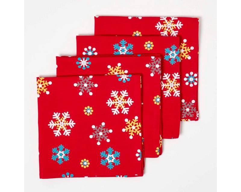 Homescapes Stoffserviette Stoffservietten rot Schneeflocken Set 4 tlg 100% Baumwolle von Homescapes