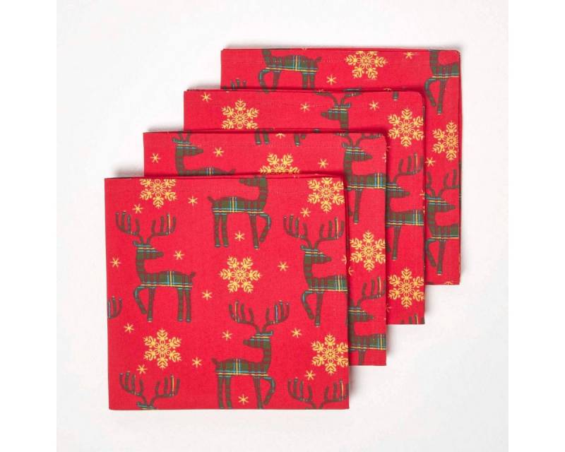 Homescapes Stoffserviette Weihnachtsservietten Rentier, 4er Set, rot von Homescapes